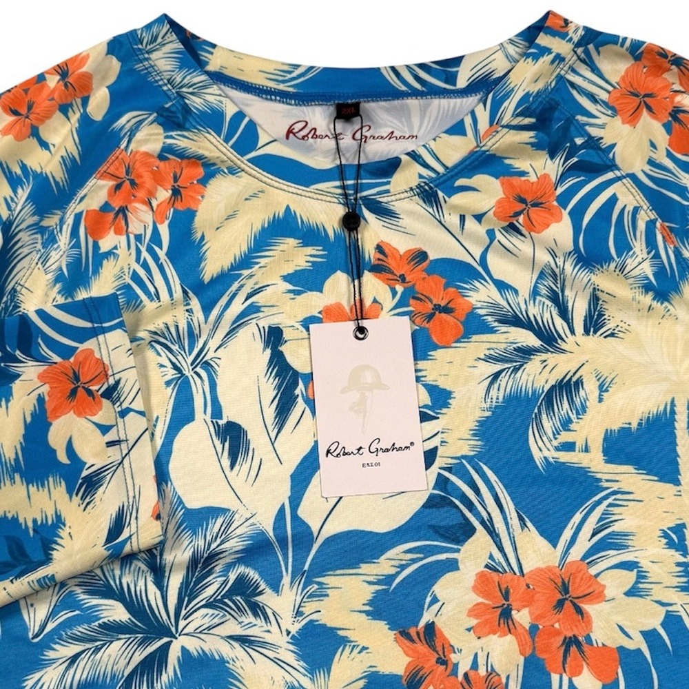 Robert Graham Sun Block Shirt Mens 2XL Azure Blue Tropical Forest Rash Guard New